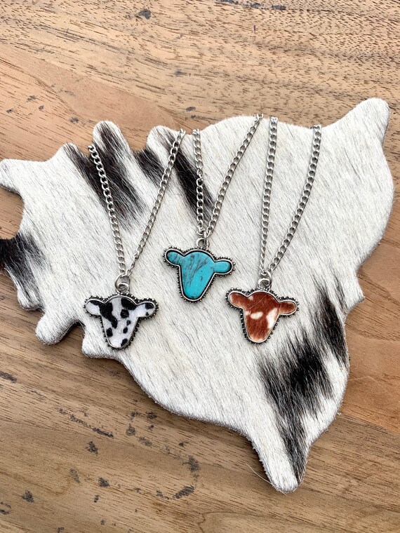 Buy Small Western Cow Head Charm Necklace Cowhide and Faux