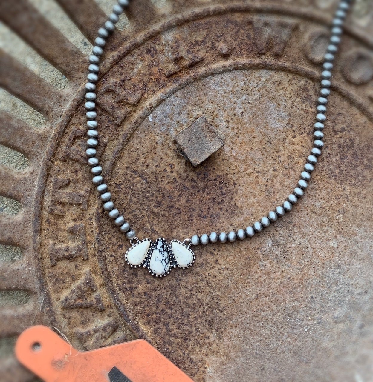 White Cream Cluster Stone Necklace with Navajo Bead Western Necklace