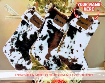 Plush Faux Cowhide Christmas Holiday Stocking Personalized with Name Tag Laser Engraved