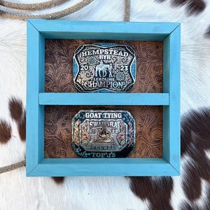 2 Buckle Display Awards Shelf , Belt Buckle Awards Case 10&quot;x10&quot; Teal Wood Framed