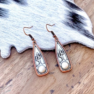 Western Copper Cactus Drop Earrings , Faux Cream Stone Jewelry