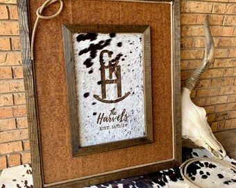 Große personalisierte handgefertigte Western Holz Wandkunst mit Lederstoff und echtem Rindsleder