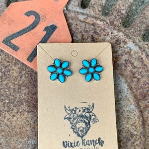 Turquoise Floral Cluster Stone Western Stud Earrings , Southwestern Jewelry image 2