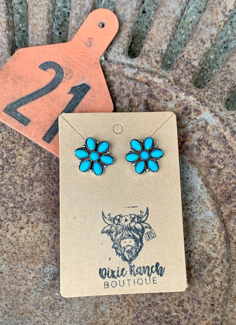 Turquoise Floral Cluster Stone Western Stud Earrings , Southwestern Jewelry image 2