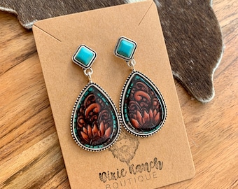 Western Teardrop Earrings with Faux Turquoise Stone and Tooled Leather