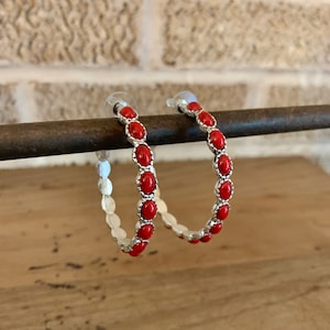 Red Western Stone Hoop Earrings , Cowgirl Jewelry , Hooped Earring