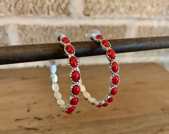 Red Western Stone Hoop Earrings , Cowgirl Jewelry , Hooped Earring