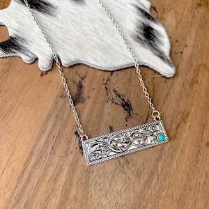 Floral Tooled Bar Necklace with Faux Turquoise Stone Western Jewelry