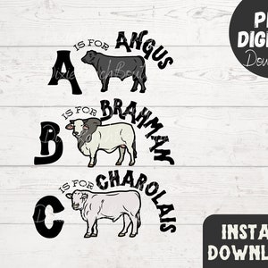 Cattle Breed ABC Alphabet Nursery Printable , Kids Shirt Sublimation Transfer , PNG Digital Design