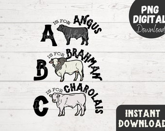Cattle Breed ABC Alphabet Nursery Printable , Kids Shirt Sublimation Transfer , PNG Digital Design