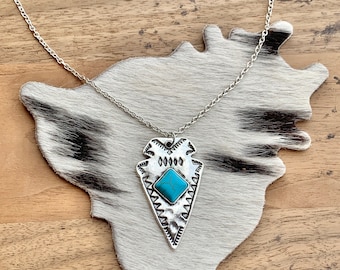 Boho Western Arrowhead Pendant Necklace featuring Faux Turquoise Stone