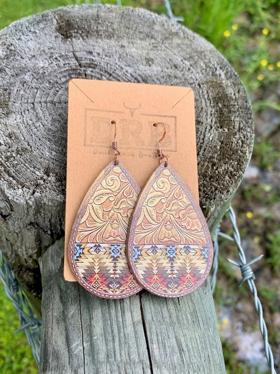 Western Teardrop Faux Leather Aztec and Tooled Design Dangle