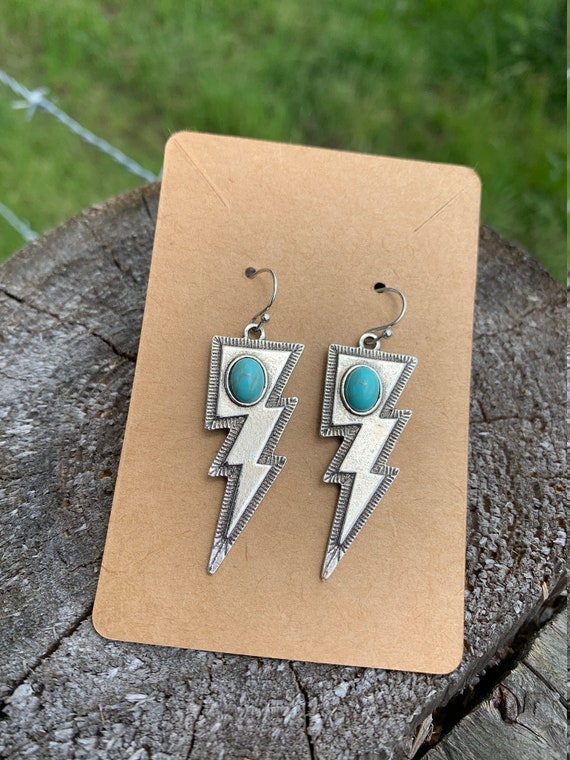 Western Lightning Bolt Drop Earrings Silver With Faux Turquoise