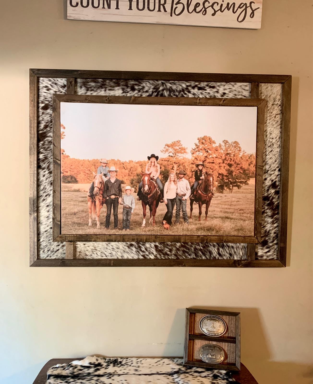 Large Custom Built Genuine Cowhide and Wood Photo Frame for Canvas