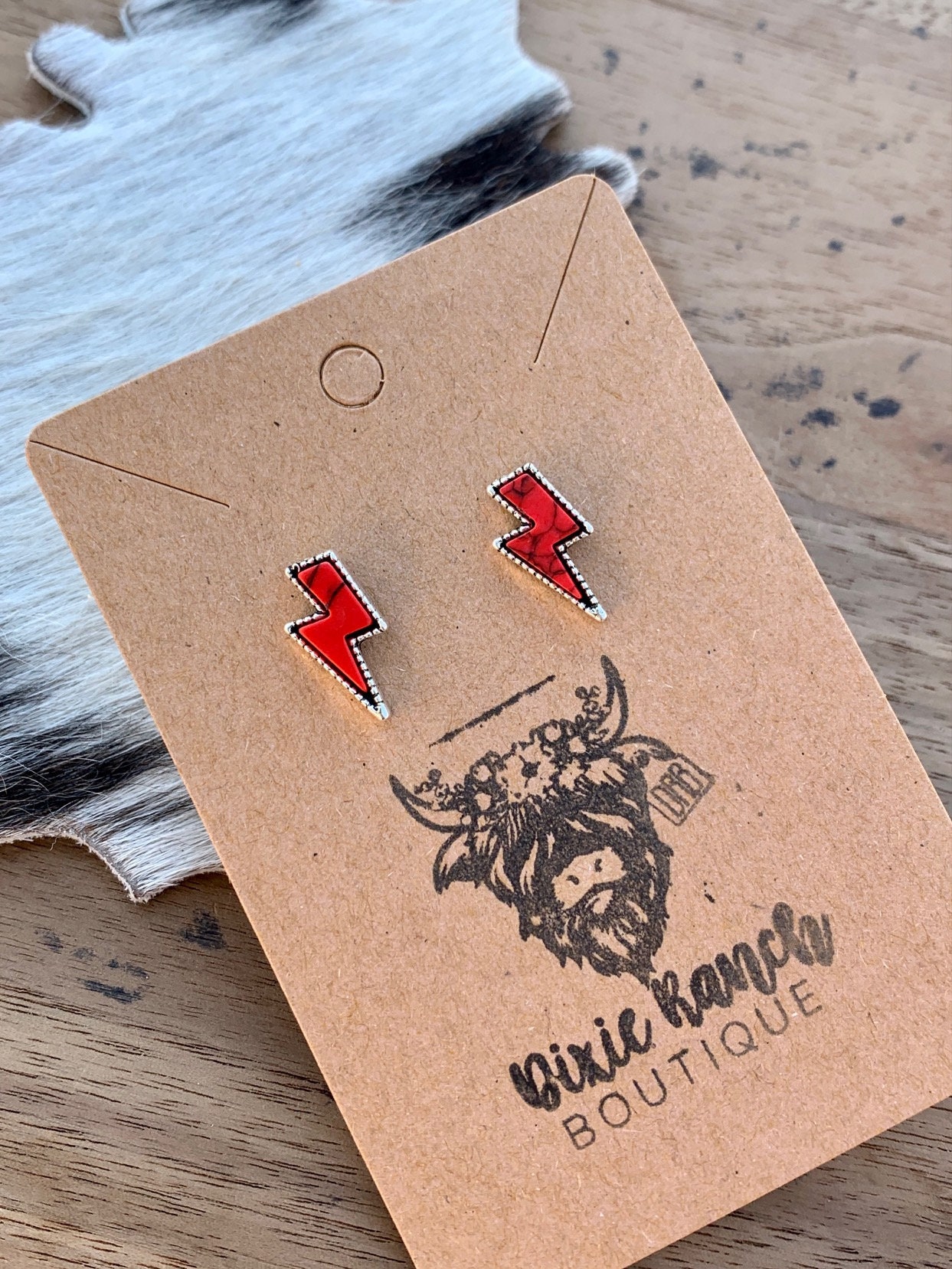 Western Punchy Red Lightning Bolt Stud Earrings ,  Cowgirl Jewelry