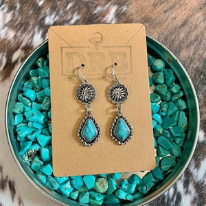 Western Boho Drop Earrings / Faux Silver and Turquoise Stone Jewelry