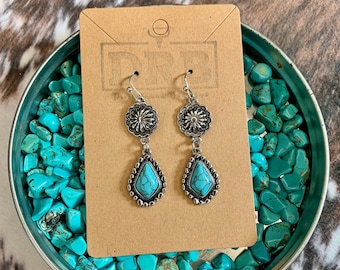 Western Boho Drop Earrings / Faux Silver and Turquoise Stone Jewelry
