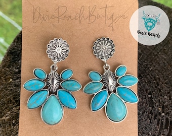 Faux Turquoise Stone Cluster Dangle Earrings // Western Jewelry