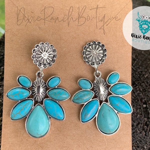 Faux Turquoise Stone Cluster Dangle Earrings // Western Jewelry