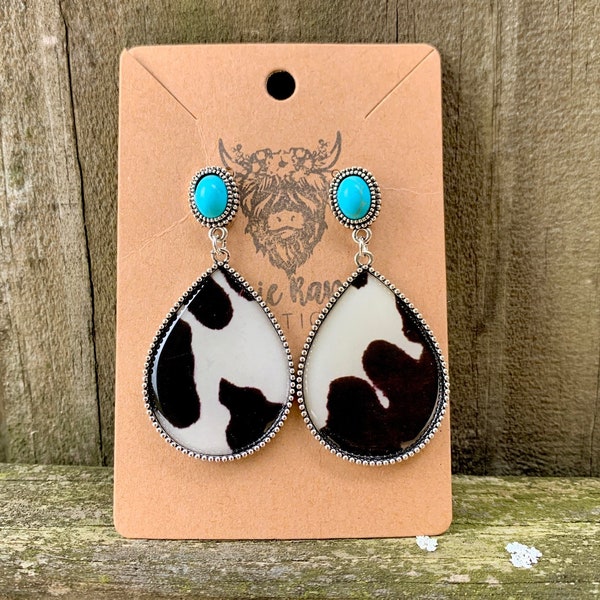 Oval Cowhide Print Drop Earrings with Faux Turquoise Stone