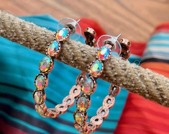 Western Diamond Faux Stone and Copper Stud Hoop Earrings