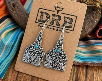 Western Cow Ear Tag Silver Earrings / Tooled Design with Faux Turquoise Stone Jewelry
