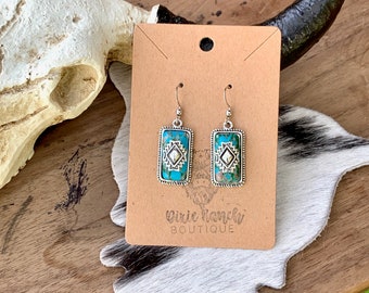 Western Faux Turquoise Stone Dangle Drop Earrings