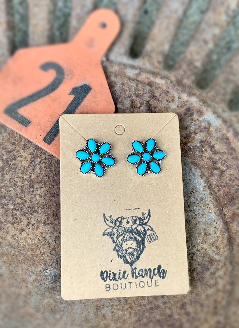 Turquoise Floral Cluster Stone Western Stud Earrings , Southwestern Jewelry image 1