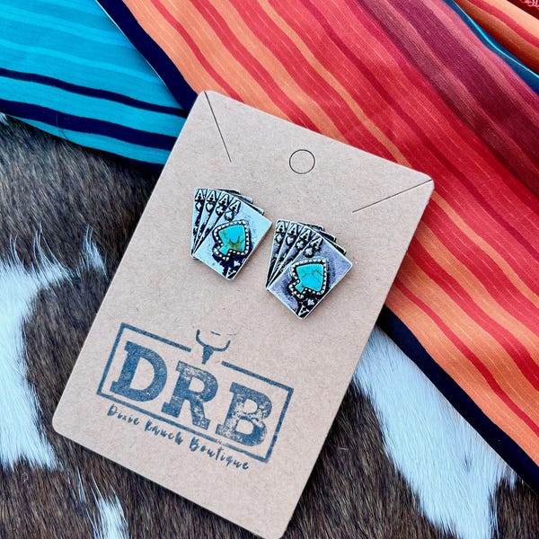 Western Ace Playing Cards Stud Earrings featuring Faux Turquoise Spade Stones