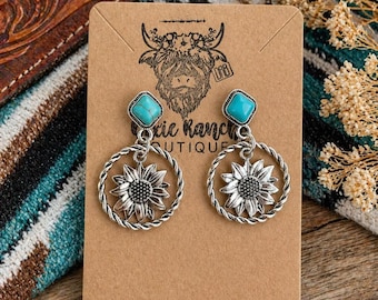 Western Sunflower Dangle Earrings , Cowgirl Jewelry , Faux Turquoise Stone