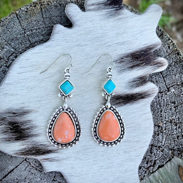 Western Faux Turquoise and Peach Drop Earrings