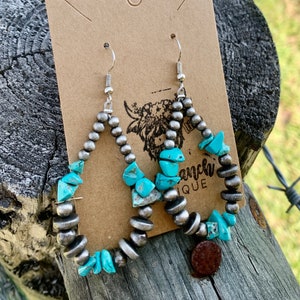 Western Navajo Pearl Drop Earrings with Faux Turquoise Stones Hoop Earrings