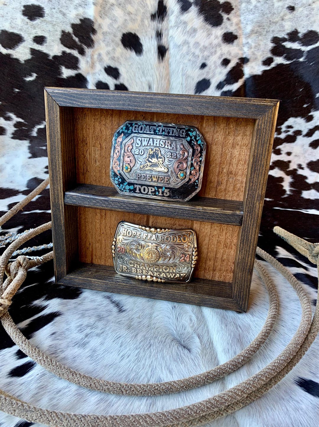 Solid Wood Western Two Belt Buckle Award Display Shelf Custom Hand