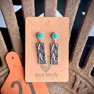 Western Floral Tooled Drop Bar Earrings with Faux Turquoise Stone