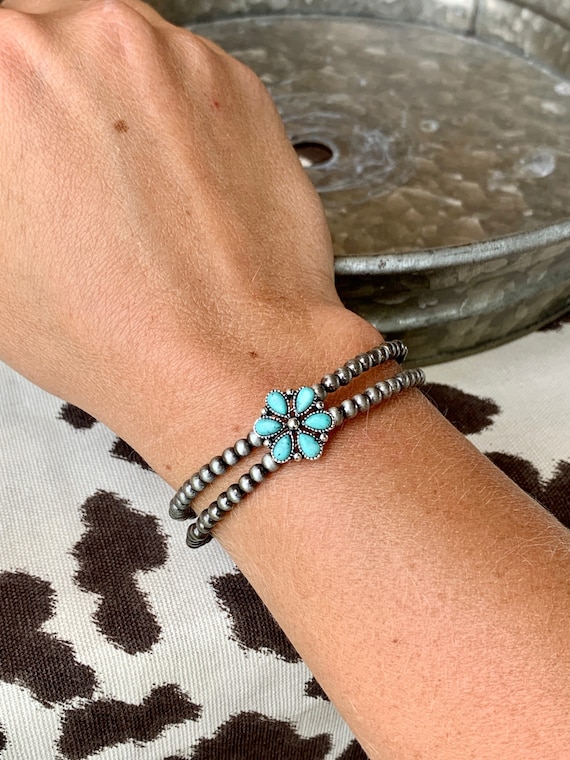 Faux Navajo Bead and Floral Turquoise Western Stone Cuff Bracelet