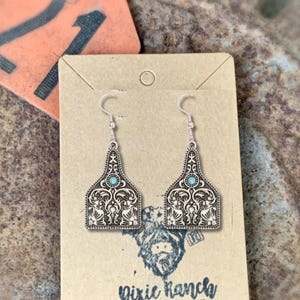 Western Cow Ear Tag Silver Earrings / Tooled Design with Faux Turquoise Stone Jewelry