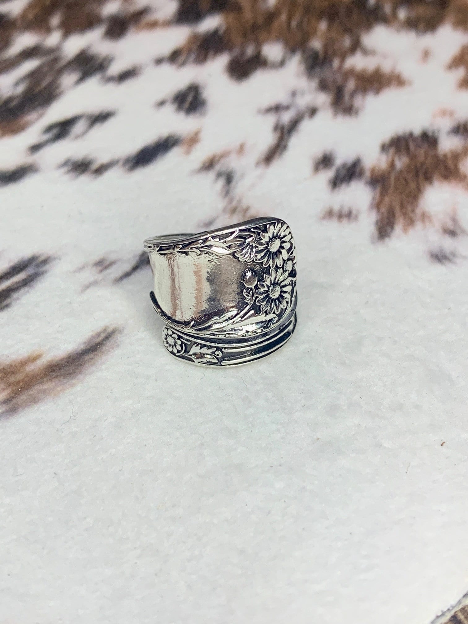 Western Tooled Floral Ring , Adjustable Statement Ring