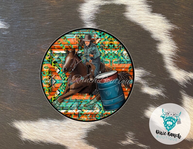 Barrel Racer Decal Sticker // Aztec Serape Background Cowgirl and Horse ...
