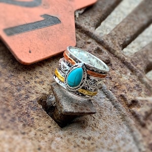 Western Distressed Statement Ring , Faux Turquoise Stone with Copper Wrap