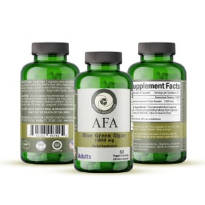 May include: Green bottle with a white label that says "Blue Green Algae 1000 mg" and "AFA" in a green circle. The bottle is a dietary supplement for adults. The label also says "Herbal Supplement" and "60 Veggie Capsules (30 days supply)".