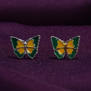Green and Yellow Stud Earrings butterfly | Yellow Sterling Silver Dainty Butterfly | Colorful Enamel Unique Gift for Her