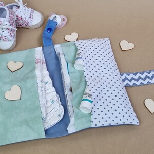 Sofortkauf! Windeltasche, Wickeltasche Baby-Kleinkind, für unterwegs Altagshelfer mit Kind, Einzelstück blau weiß grün gezackt mit Spitze
