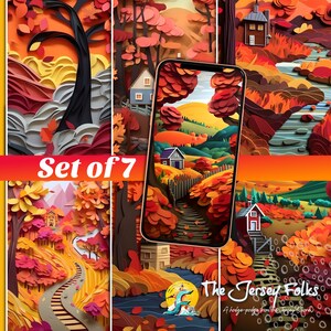 May include: A set of seven digital phone wallpapers featuring a paper craft style autumn landscape with a winding path, trees, houses, and a river. The text "The Jersey Folks" is at the bottom of the image.