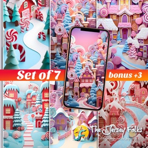 Candy Cane Village Landscape 3D Construction Paper Phone Wallpapers - Set of 7 | Instant Digital Download | iPhone | Android | Holidays
