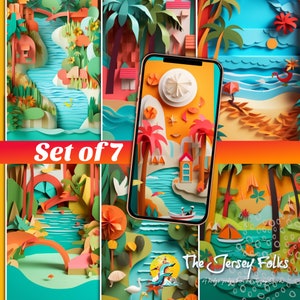 May include: Set of 7 colorful paper cut-out illustrations of tropical scenes. The illustrations feature palm trees, beaches, water, and houses. The text "The Jersey Folks" is visible at the bottom of the image.