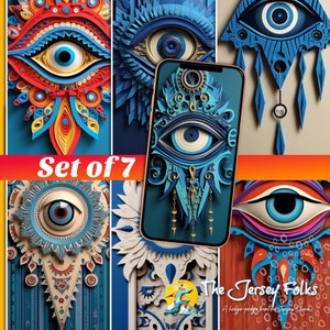 Greek Evil Eye 3D Construction Paper Style Smartphone Wallpapers Set of 7 | Wall Art | Digital Downloads
