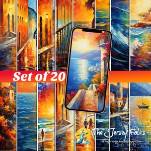 Bold & Vibrant Romantic Scenes Phone Wallpaper | Digital Download | Set of 20 +1 | Leonid Afremov | Beach | Greece | Italy | Wall Art