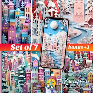North Pole Landscape 3D Construction Paper Phone Wallpapers - Set of 7 | Instant Digital Download | iPhone | Android | Holidays