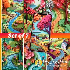 Refreshing Spring Landscape 3D Construction Paper Phone Wallpapers | Set of 7 | Instant Digital Download | iPhone | Android | Seasons