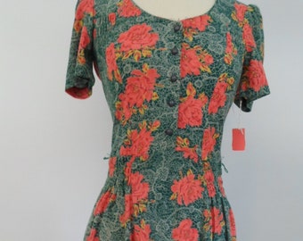 1970s VINTAGE NWT Shirred Puff Sleeve MINI Dress Faux Button Front Floral New